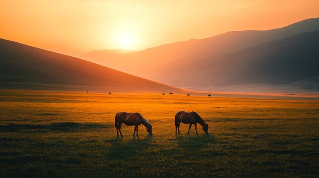 Horses Grazing in a Scenic Sunrise Landscape