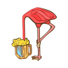Funny pink flamingo with phone. Vector doodle graphic. Illustration for fashion design.