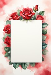 Obraz premium Ein romantisches Mockup mit roter Rose und leerer Karte auf Aquarell-Hintergrund, ideal für Valentinskarten, Liebesbriefe oder ein romantisches Menü. Generative KI.