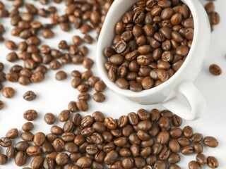 Fototapeta premium Roasted coffee beans spilling from a pristine white cup, latte,brown