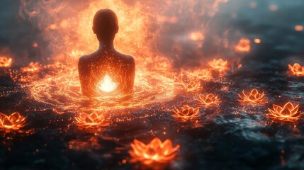 person sits in meditation radiating glowing soul gently ascends from heart. Surrounded symbols of peace scene conveys spiritual harmony and connection.