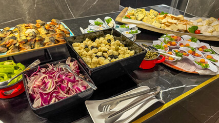 A gourmet buffet spread featuring assorted cheeses, marinated vegetables, and smoked fish, ideal for catering events or festive gatherings