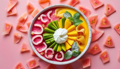 Fototapeta premium Vibrant Fruit Bowl Featuring Guava, Mango, and Mint Garnish on a Pink Background