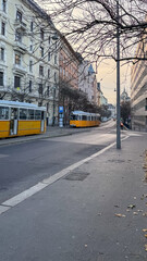 Historic Budapest street with yellow trams showing European urban tranquility, perfect for travel...
