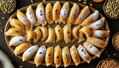 Traditional Azerbaijani Shekerbura Pastries on Elegant Serving Plate with Spices