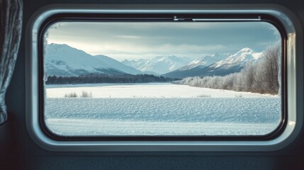 Naklejka premium Snowy Mountain Vista Viewed Through Train Windowpane