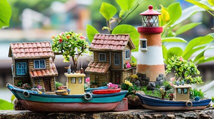 Miniature coastal scene with houses, a lighthouse, and boats.