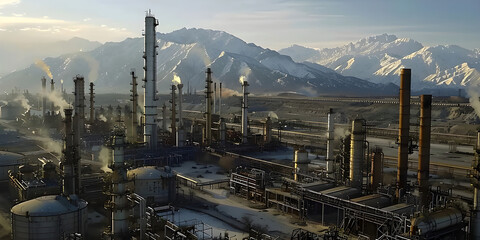 Obraz premium Factory Chimneys Releasing Smoke with a Mountain Backdrop