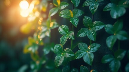 Dewy Green Leaves Climbing A Dark Surface