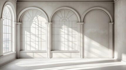 Sunlit empty room with arched windows and white walls.