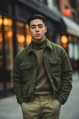 Fototapeta premium Trendy Male Model in Stylish Urban Streetwear Posing Outdoors with Confidence