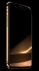 Gold smartphone mockup with blank screen on black background, premium reflective design for branding or app presentation