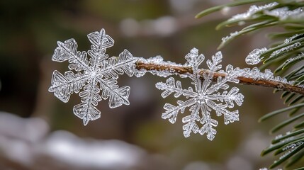 Close-up of Snowflakes on a Pine Branch Set Against a Dreamy Winter Forest Backdrop