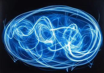 Fotobehang Abstract Blue Energy Swirl: Glowing Light Trails and Fractal Art © Abdul