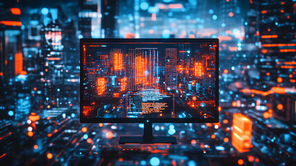 Fototapeta premium Vibrant digital cityscape with a glowing computer monitor displaying code, showcasing the intersection of technology and urban life in a futuristic environment