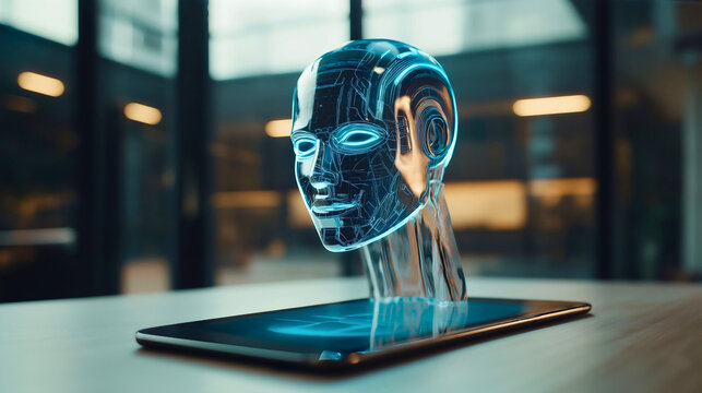 Futuristic Digital Tablet Concept with AI Hologram Display and Neural Network Background