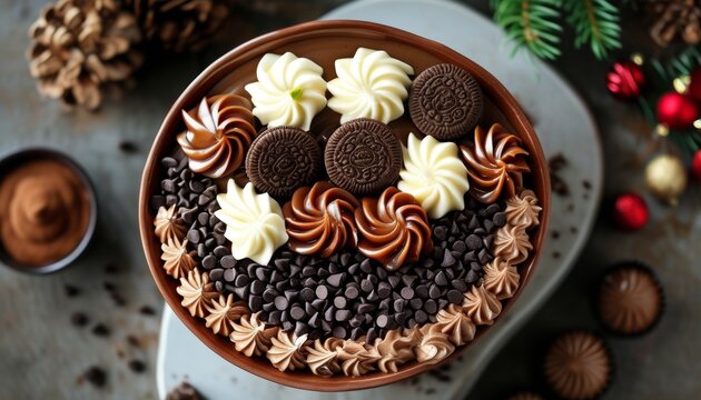 Delicious Chocotorta Dessert in Bowl Decorated with Cream, Chocolate, and Biscuits