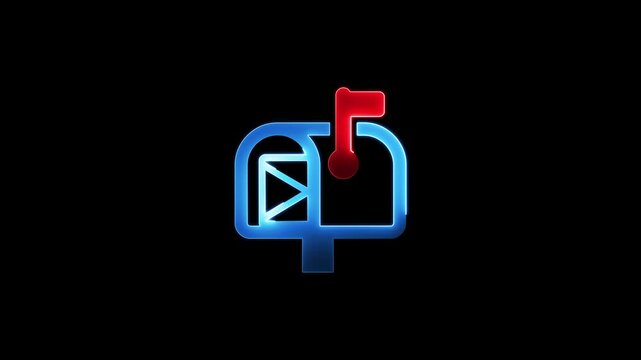 Animation of glowing neon Email box and Post Icon, e-mail inbox with messages increasing fromneon open letter box icon animation