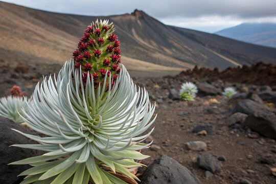 Fototapeta Silversword plant in hawaiian volcanic landscape showcasing unique flora.