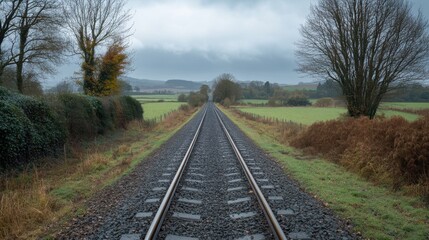 Single Railway Track Through Autumnal Countryside Landscape