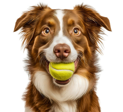 Cute Puppy Playing with Tennis Ball Isolated on White Background