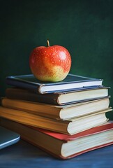 Stack of Vintage Books with Red Apple, Education Concept