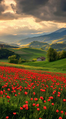 Fototapeta premium Beautiful Red Poppy Field in Rural Summer Landscape