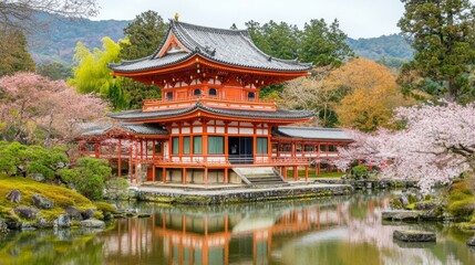 Fototapeta premium Serenity of Cherry Blossoms and Traditional Architecture