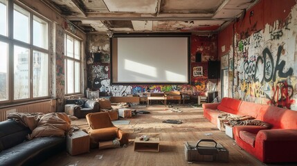 Abandoned room with graffiti, projector screen, and furniture.