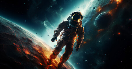 Fototapeta premium An astronaut floats in a stunning cosmic environment surrounded by brightly colored planets and luminous clouds.