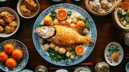 Traditional Chinese New Year Table with Festive Foods