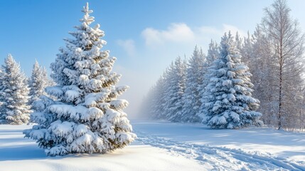 Naklejka premium SnowCovered Winter Wonderland Majestic Trees, Frosty Landscape, Sunlit Path