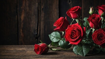 Red roses on rustic dark brown wood vintage barn plank board mockup background