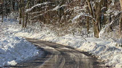A snowy, curved rural road is bordered by a forest of snow-laden trees, highlighting winter travel...