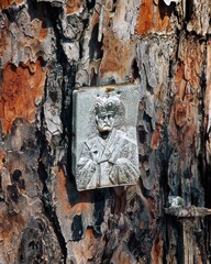 Silver icon of the Greek Orthodox Church depicting St. Nicholas the Wonderworker. The icon is fixed to a tree, close-up