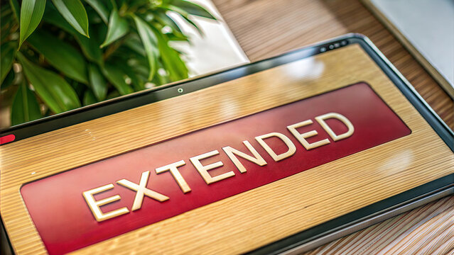 Extended sign in bold red font displayed on rustic wooden frame against cozy background