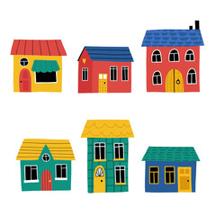 Colorful clipart set of  buildings. Hand-drawn houses with cute details. Vector urban building icons set. Sweet home. Isolated on white background.