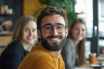 Fototapeta premium Confident and Happy Man with Friends in Cafe, generative ai 