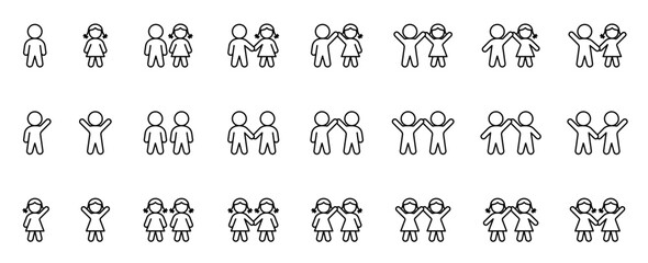 Small children. Young child. Baby boy and baby girl with hands up. Couple of infants. Kids hand in hand. Children of tender years. Preschool age. Outline icons set (thin line vector). Editable Strokes