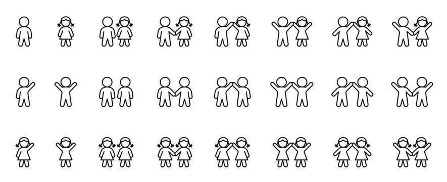 Small children. Young child. Baby boy and baby girl with hands up. Couple of infants. Kids hand in hand. Children of tender years. Preschool age. Outline icons set (thin line vector). Editable Strokes