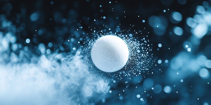 White sphere dissolving in blue liquid, creating splash and vapor.