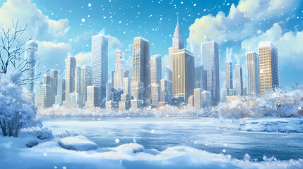 Winter Cityscape Illustration with Snowy Buildings and Holiday Decor in Urban Landscape