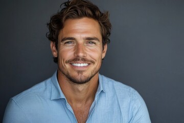 Fototapeta premium Handsome smiling business man in blue shirt isolated on gray background, Generative AI