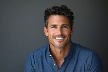 Fototapeta premium Handsome smiling business man in blue shirt isolated on gray background, Generative AI