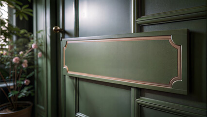 Blank metal nameplate mounted on dark green wooden door with vintage decor