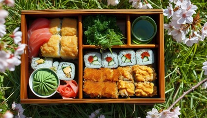 Colorful Japanese Bento Box with Sushi and Sides Surrounded by Nature and Cherry Blossoms