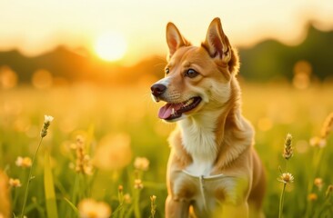A Little boy kisses the dog in the field in summer day. Friendship, care, happiness, Cute child with doggy pet portrait at nature in the morning