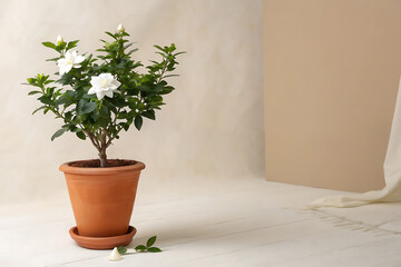 Fototapeta premium Elegant gardenia plant in terracotta pot with wide text space for botanical design.