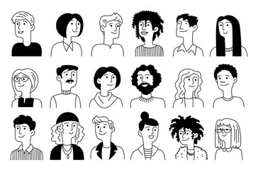 Vector set of avatars of diversity happy people in doodle style. Portraits of men, women. Simple line, contour. Trendy illustration isolated