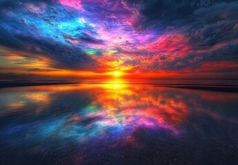 Fototapeta premium Vibrant Rainbow Sunset Ocean Reflection, Magical Sky
